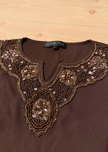 İnce İşlemeli Boncuklu Kahverengi Bohem Bluz - Görsel 2