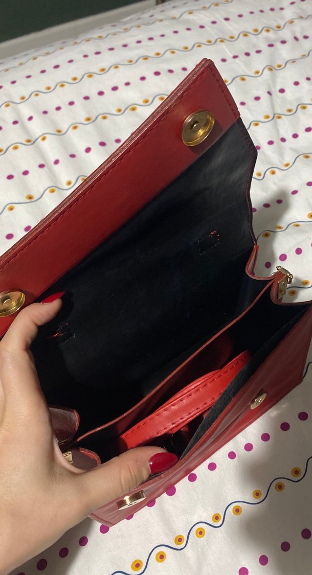 Kırmızı Deri Tokalı Kadın El Çantası - Görsel 2