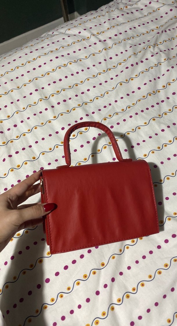 Kırmızı Deri Tokalı Kadın El Çantası - Görsel 3