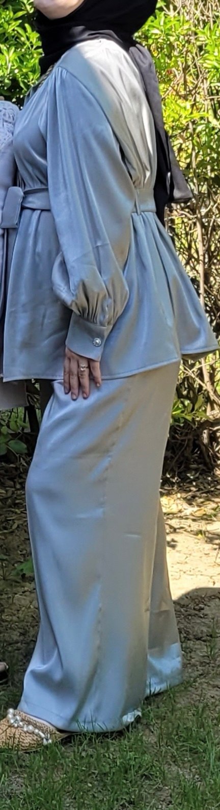 Gri Saten Midi Hamile Bluzu, Drapeli, Halter Yaka - Görsel 4