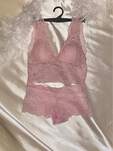 s Beden pembe Renk Dantelli bralette takım