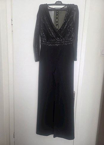 Payetli V Yaka Uzun Kollu Siyah Tulum - Görsel 2