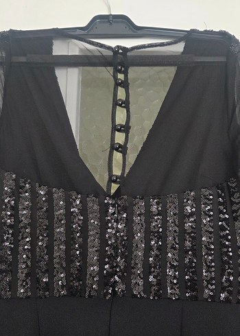 Payetli V Yaka Uzun Kollu Siyah Tulum - Görsel 3