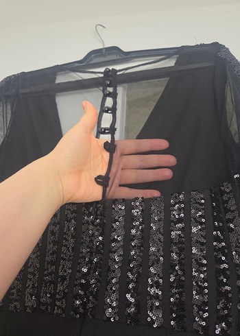 Payetli V Yaka Uzun Kollu Siyah Tulum - Görsel 6