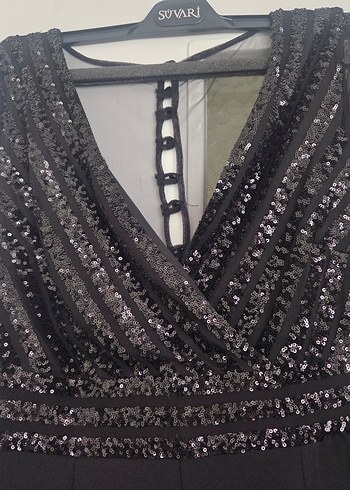 Payetli V Yaka Uzun Kollu Siyah Tulum - Görsel 5