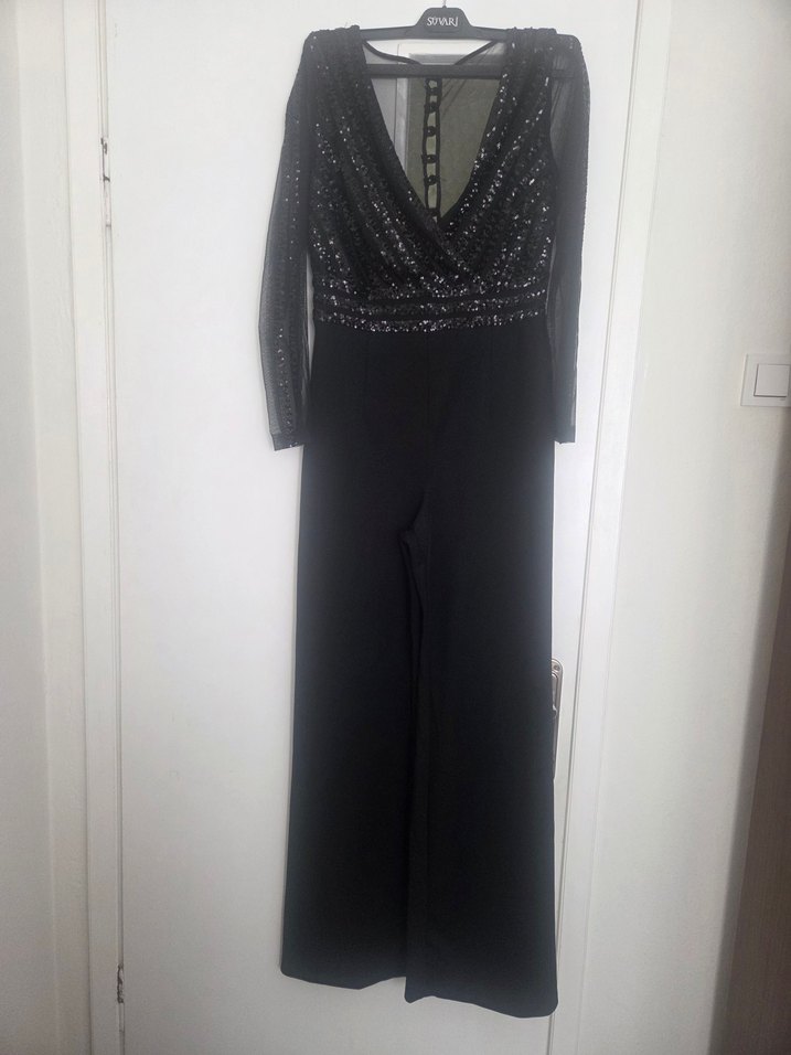 Payetli V Yaka Uzun Kollu Siyah Tulum - Görsel 2