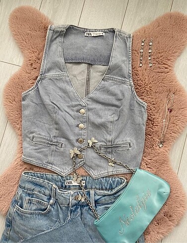 xs Beden mavi Renk Zara Z1975 crop denim yelek