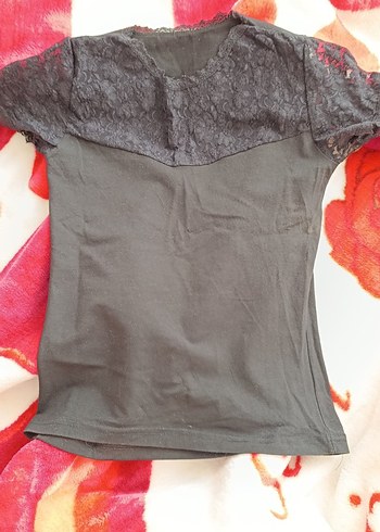 Kadın Siyah Dantelli Kısa Kollu Bluz - Görsel 3