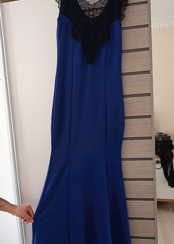 Uzun Lacivert V Yaka Dantelli Kadın Abiye Elbise - Görsel 2