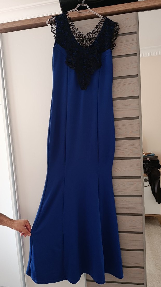 Uzun Lacivert V Yaka Dantelli Kadın Abiye Elbise - Görsel 2