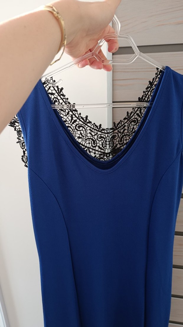 Uzun Lacivert V Yaka Dantelli Kadın Abiye Elbise - Görsel 4