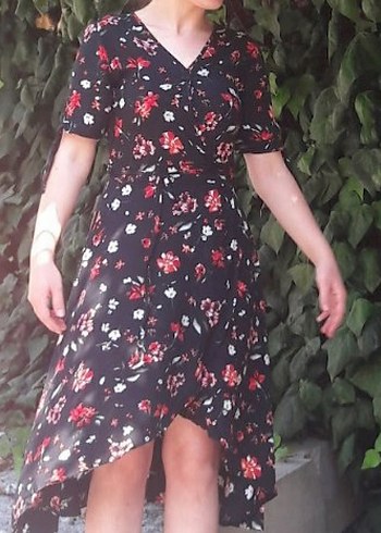 Bohem Çiçekli Siyah Midi Elbise - Görsel 3
