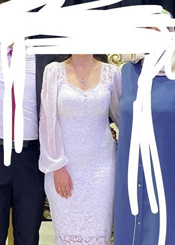 Dantel Detaylı Beyaz Midi Kalp Yaka Elbise - Görsel 3