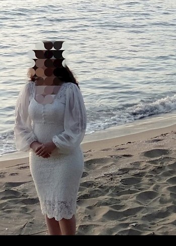 Dantel Detaylı Beyaz Midi Kalp Yaka Elbise - Görsel 9