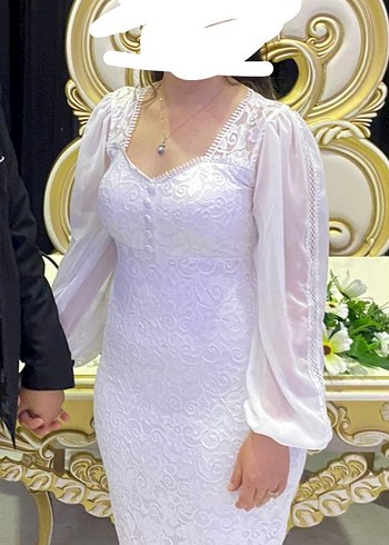 Dantel Detaylı Beyaz Midi Kalp Yaka Elbise - Görsel 2