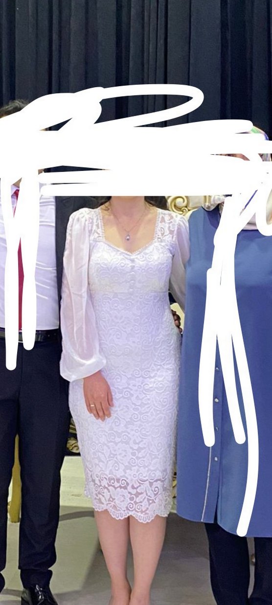 Dantel Detaylı Beyaz Midi Kalp Yaka Elbise - Görsel 3