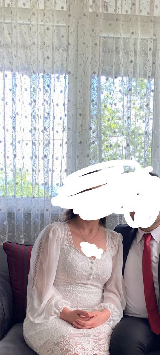 Dantel Detaylı Beyaz Midi Kalp Yaka Elbise - Görsel 5