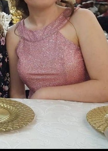 38 Beden Pembe Simli Uzun Abiye Elbise