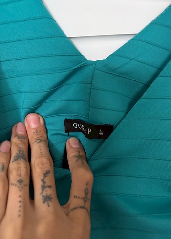 V Yaka Turkuaz Kadın Elbise - Görsel 4