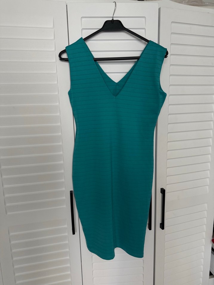 V Yaka Turkuaz Kadın Elbise - Görsel 2