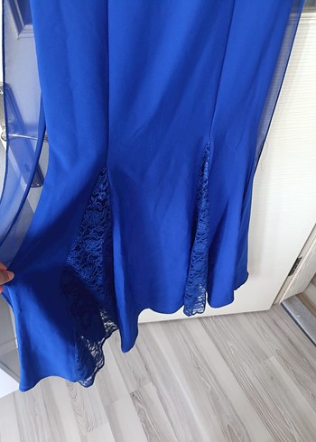 Abiye Uzun Kollu V Yakalı Mavi Abiye Elbise