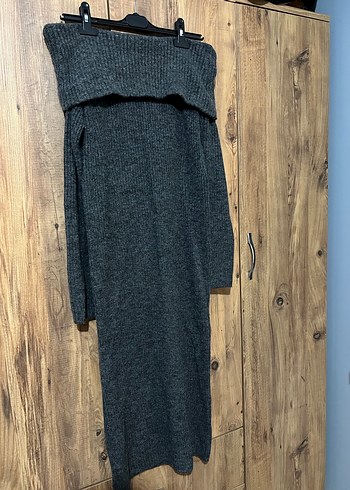 H&M Gri Uzun Kollu Omuz Detaylı Kadın Triko Elbise