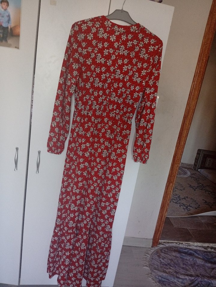 Bohem Kırmızı Çiçekli Uzun Elbise - Görsel 3