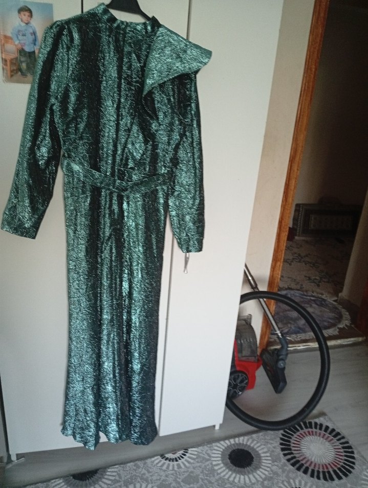 Yeşil Parlak Yılan Desenli Uzun Elbise - Görsel 2