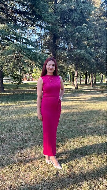 diğer Beden Fuşya ince kemerli elbise