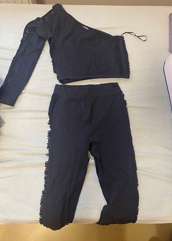 Siyah Drapeli Straplez Üst ve Tayt Takım - Görsel 3