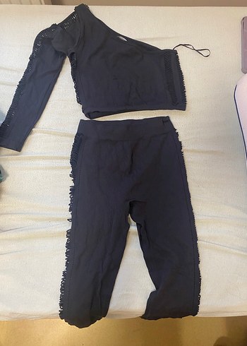 Siyah Drapeli Straplez Üst ve Tayt Takım - Görsel 4