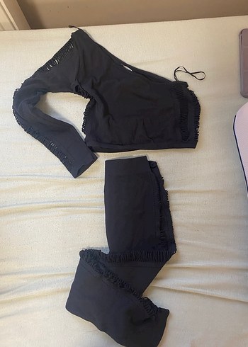 Siyah Drapeli Straplez Üst ve Tayt Takım - Görsel 2