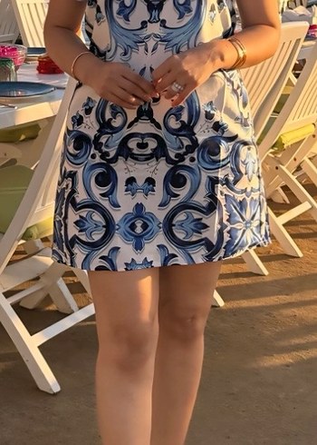 Diğer Mavi Bağlama Desenli Mini Bohem Elbise