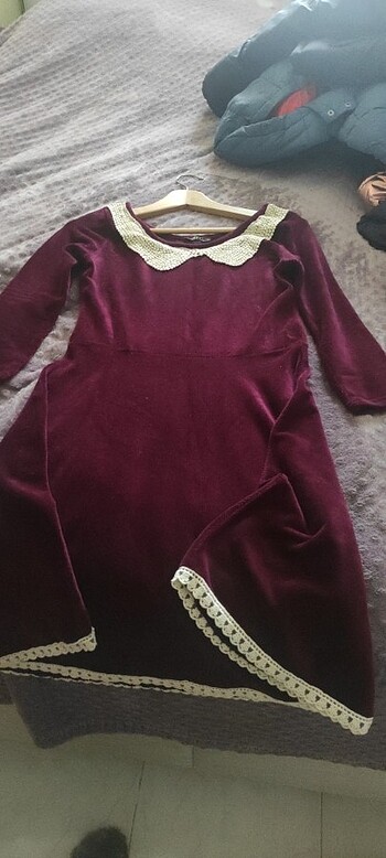 l Beden bordo Renk Kadife kumaş bebe yaka elbise 