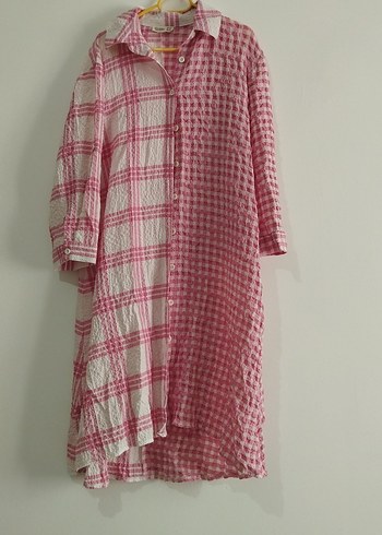 Uzun Kesim Pembe Ekose Keten Tunik