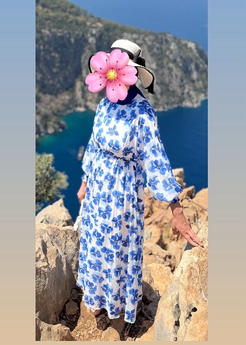 Diğer Mavi Çiçek Desenli Midi Bohem Kimono