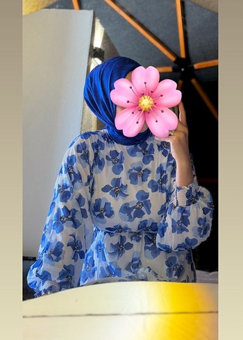Mavi Çiçek Desenli Midi Bohem Kimono