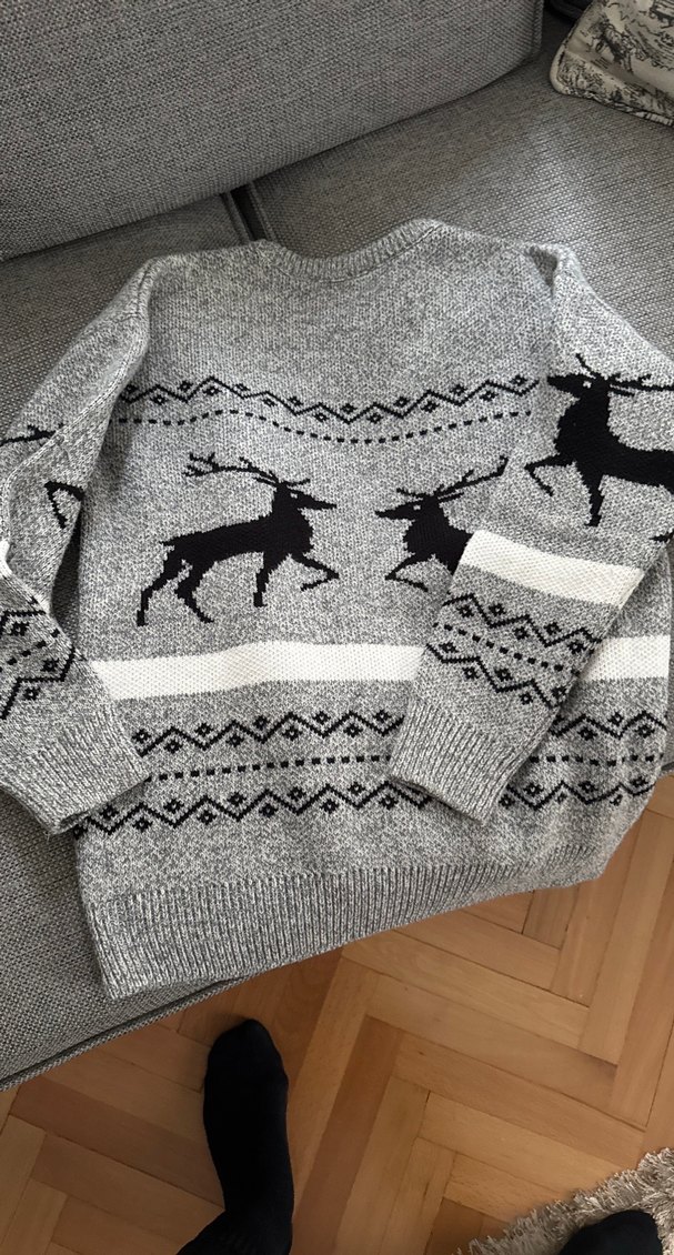 Nakışlı Geyik Desenli Gri Örgü Kazak - Görsel 5