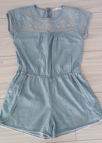 Nakışlı ve Dantelli Kız Denim Tulum