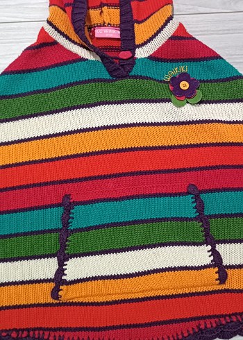 Kız Çocuk Kapüşonlu Renkli Örgü Panço - Görsel 4