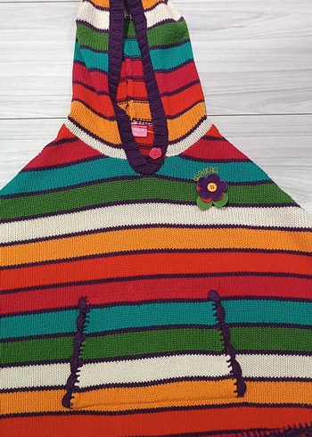 Kız Çocuk Kapüşonlu Renkli Örgü Panço - Görsel 2