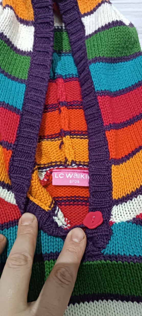 Kız Çocuk Kapüşonlu Renkli Örgü Panço - Görsel 3