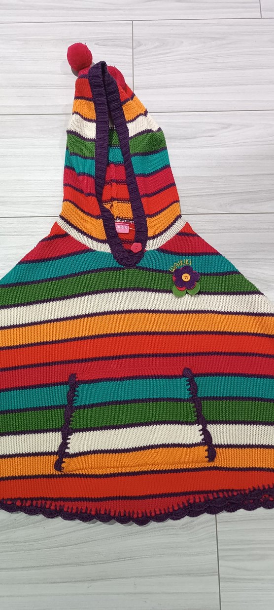 Kız Çocuk Kapüşonlu Renkli Örgü Panço - Görsel 2