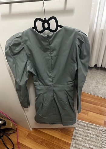 Drapeli Uzun Kollu deri Midi Elbise - Görsel 2