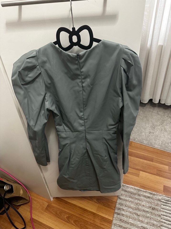 Drapeli Uzun Kollu deri Midi Elbise - Görsel 2