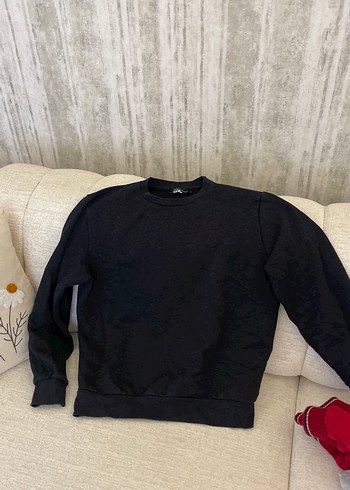 Siyah erkek Sweatshirt, Bisiklet Yaka, Bol Kesim
