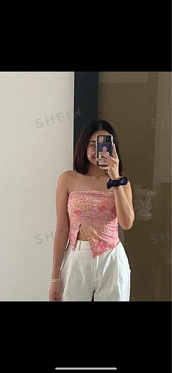 Sheinside Shein Çiçekli Straplez Bluz