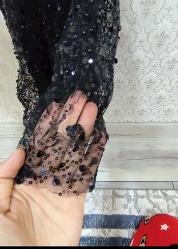 38 Beden Uzun Kollu Siyah Simli Uzun Abiye Elbise
