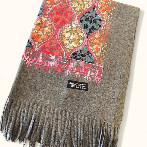 Cashmere Gri Desenli Yün Şal
