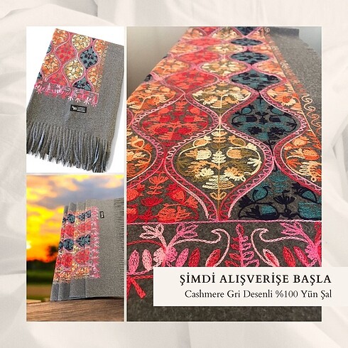 Diğer Cashmere Gri Desenli Yün Şal